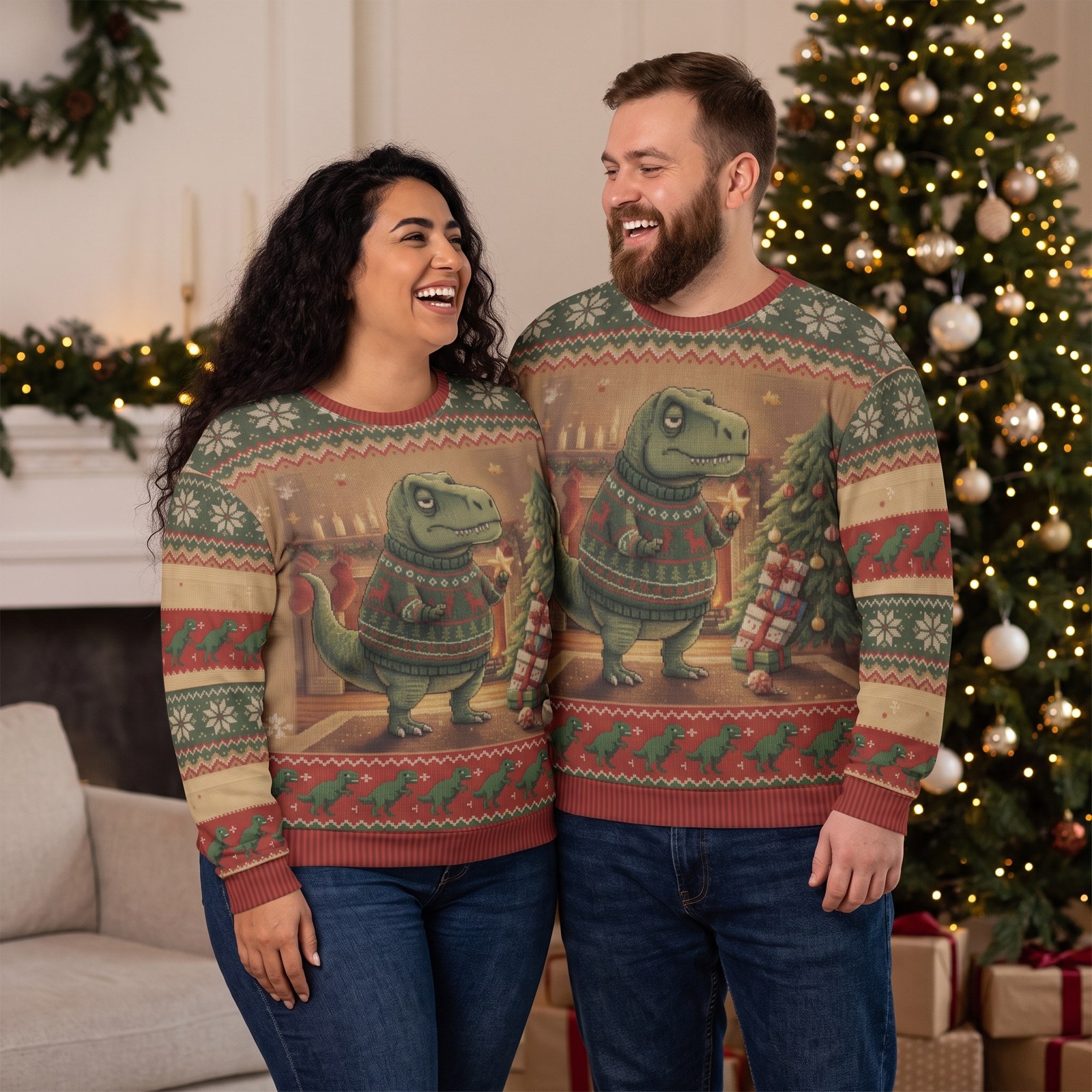 Plus size styling photo, Tree-Rex Matching Ugly Christmas Sweaters for Couples