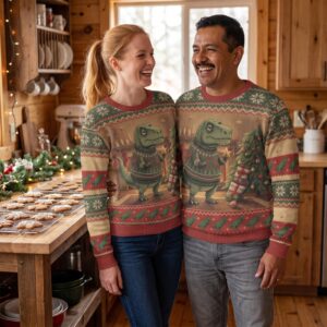 Styling photo, Tree-Rex Matching Ugly Christmas Sweaters for Couples