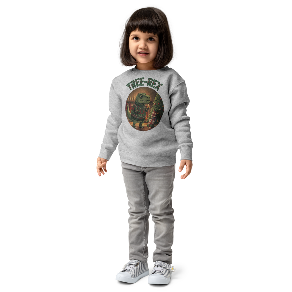 Tree-Rex Toddler Ugly Christmas Sweater | Kids Crewneck Sweatshirt, Ages 2 to 7 Heather on-model girl