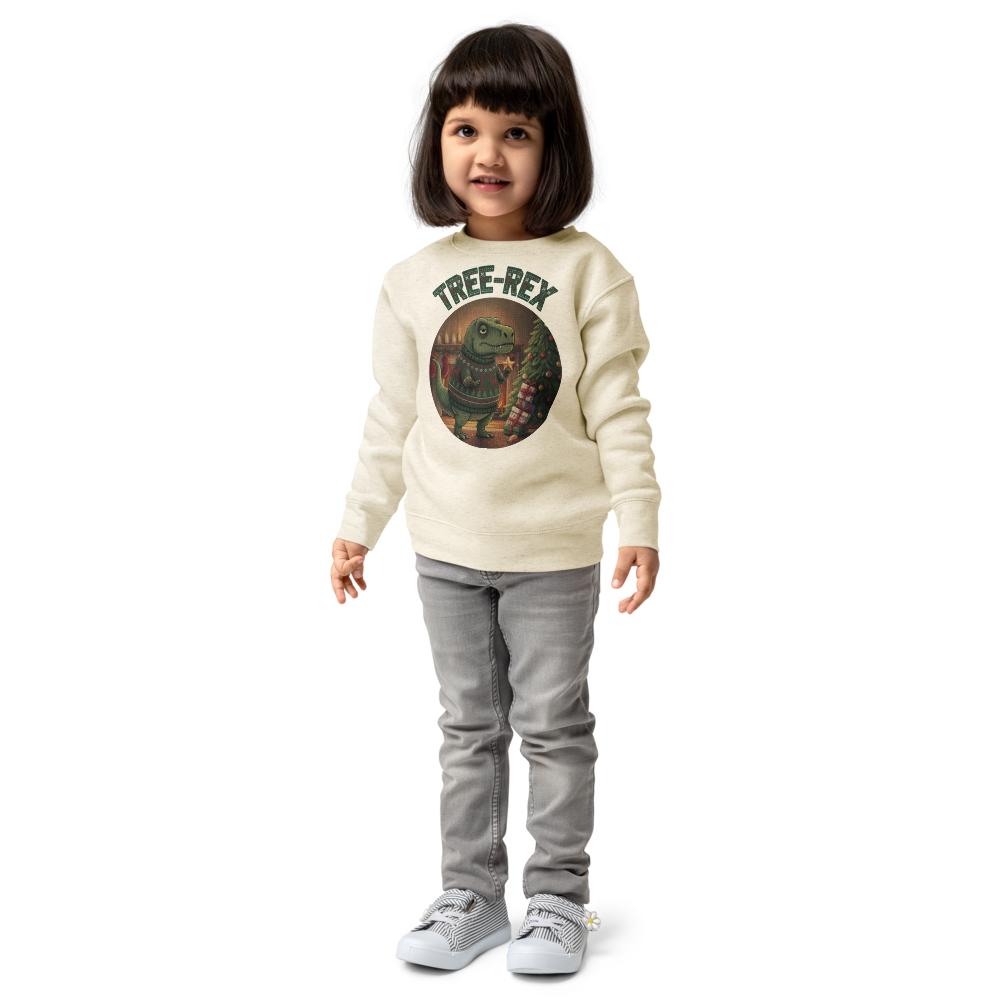 Tree-Rex Toddler Ugly Christmas Sweater | Kids Crewneck Sweatshirt, Ages 2 to 7 Natural Heather on-model girl