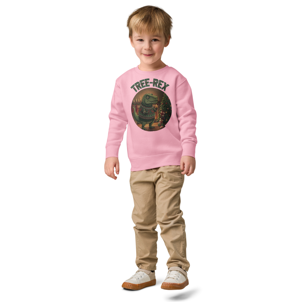 Tree-Rex Toddler Ugly Christmas Sweater | Kids Crewneck Sweatshirt, Ages 2 to 7 Pink on-model boy