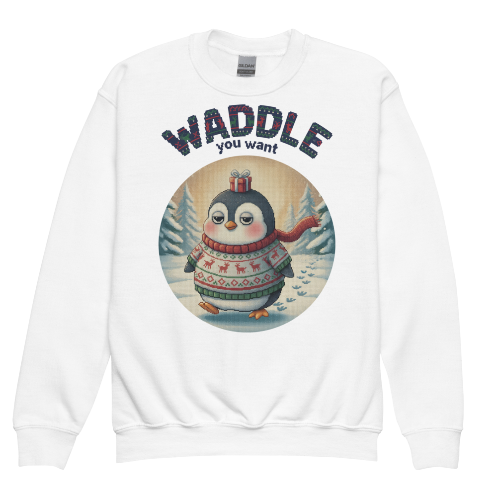 Waddle You Want Kids Ugly Christmas Sweater | Youth Crewneck Sweatshirt White flat