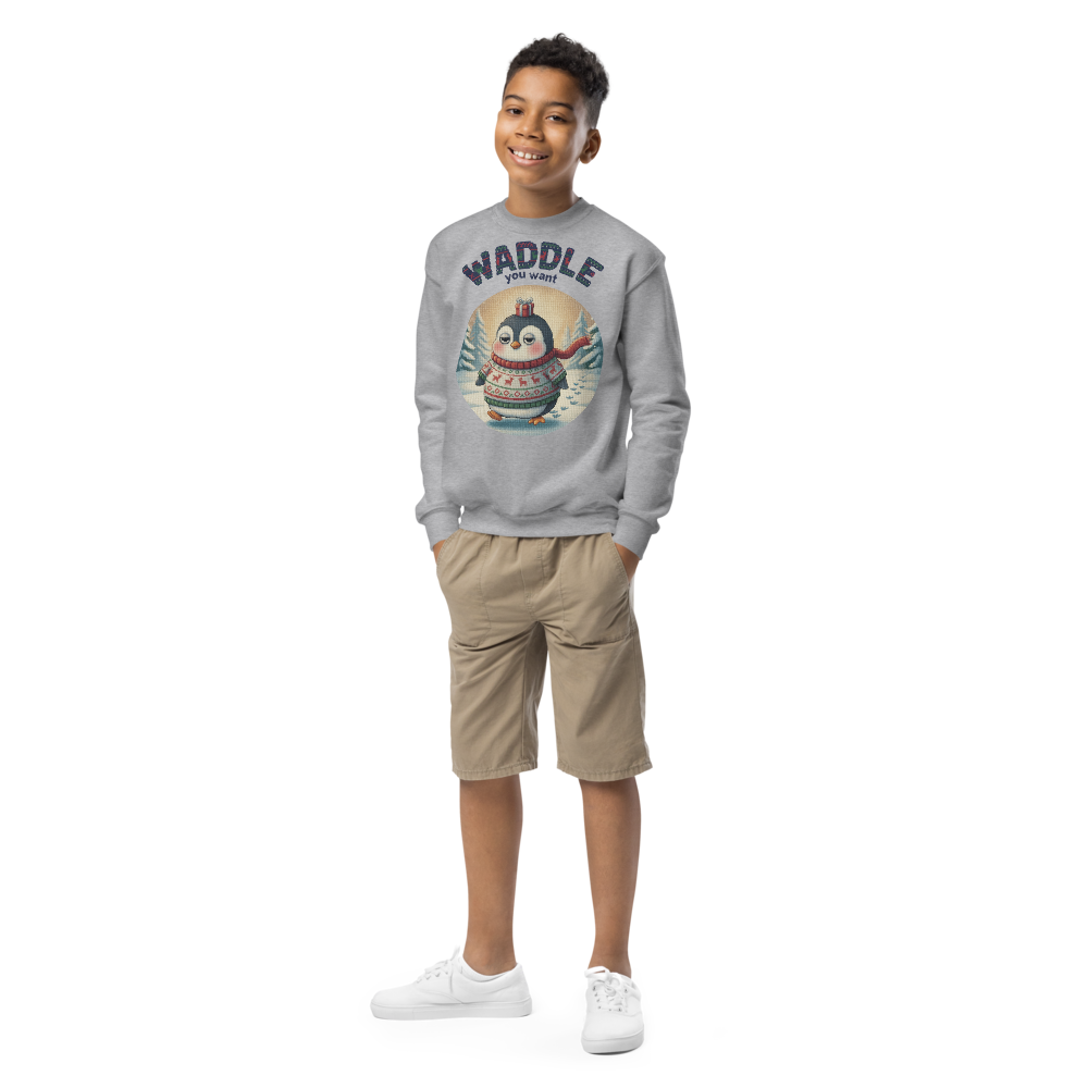 Waddle You Want Kids Ugly Christmas Sweater | Youth Crewneck Sweatshirt Sport Grey on-model boy