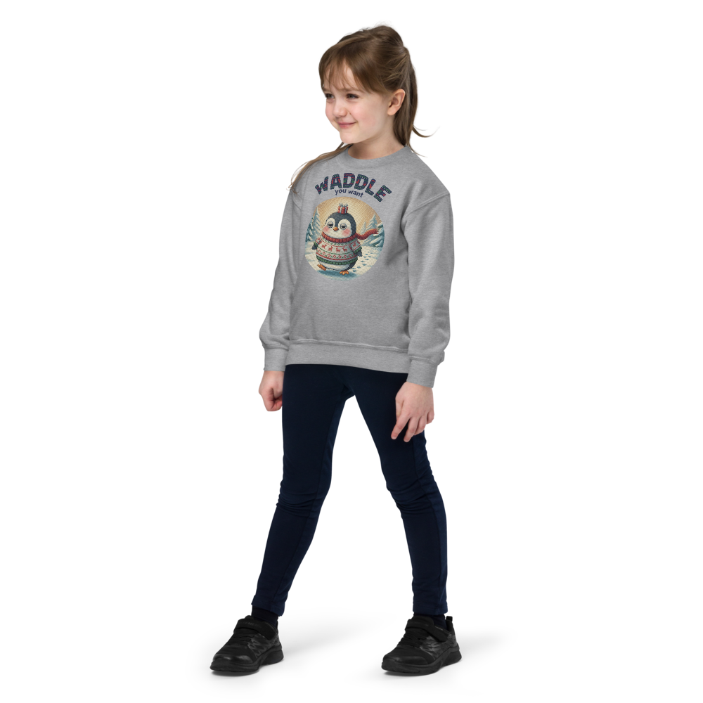 Waddle You Want Kids Ugly Christmas Sweater | Youth Crewneck Sweatshirt Sport Grey on-model girl
