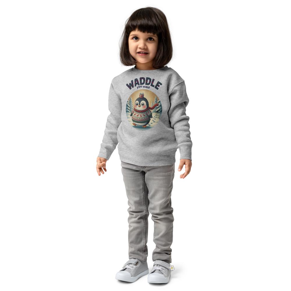Waddle You Want Toddler Ugly Christmas Sweater | Kids Crewneck Sweatshirt, Ages 2 to 7 Heather on-model girl