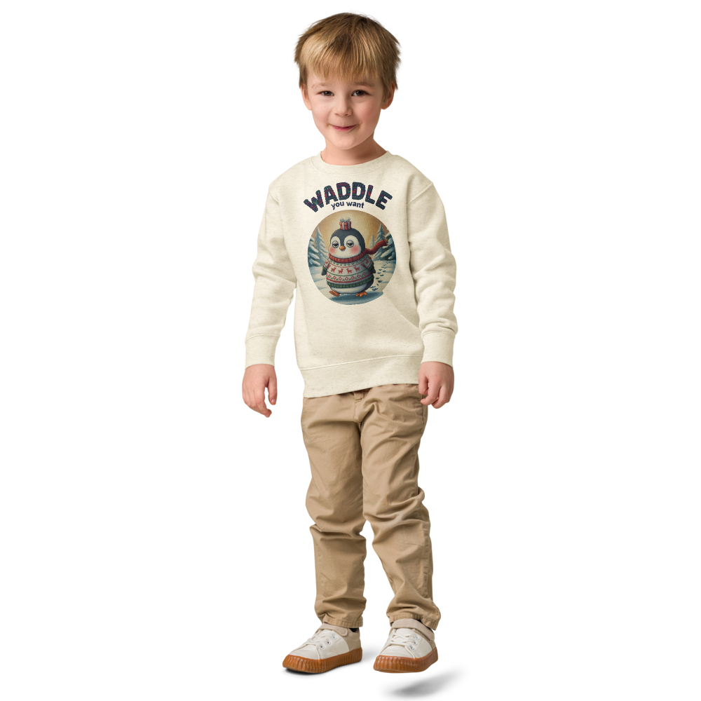 Waddle You Want Toddler Ugly Christmas Sweater | Kids Crewneck Sweatshirt, Ages 2 to 7 Natural Heather on-model boy
