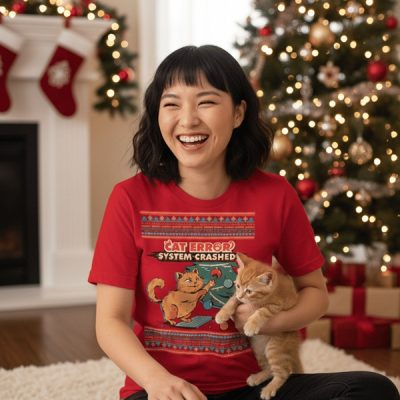 By the tree, a grinning woman in a wild “CAT ERROR SYSTEM CRASHED” cat sweater cuddles a kitten—festive chaos achieved!.