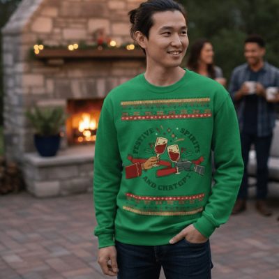 At the holiday bash, a guy rocks a wild sweater with goofy drinks and “Festive Spirits & Chat GPT” while revelers mingle by twinkle lights.