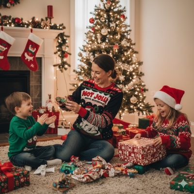Three pros in cringe-worthy sweaters strike a pose by the tree, swapping gifts. Mayhem of presents, stockings, and pure festive chaos!.