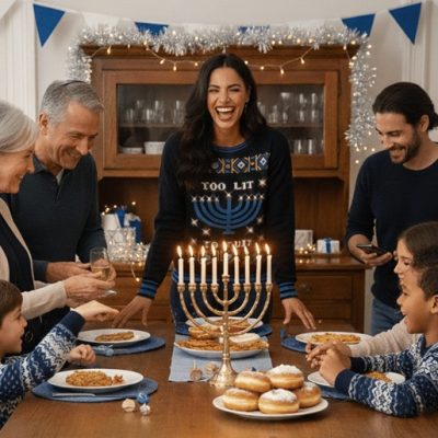 Hanukkah squad rocks epic sweaters, noshes latkes by menorah glow—bonus points for the guest in a gloriously goofy knit.