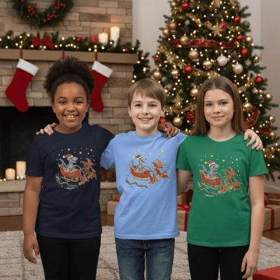 Three grinning kids rock over-the-top Santa sleigh tees in front of a blinged-out tree and fireplace loaded with festive chaos.