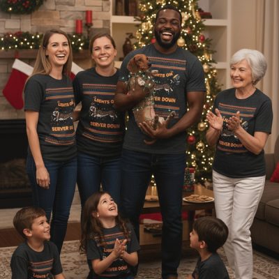 A family rocks matching Christmas tees in a tinsel-exploding living room. Even the dog’s tangled in lights—call it festive chaos!.