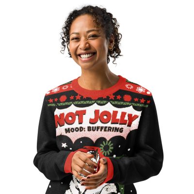 Someone rocks our exclusive Not Jolly: Mood Buffering Grumpy Cat sweater—black, red, sassy, and ready to out-grump the holidays!.