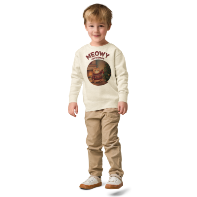 Meowy Christmas Toddler Ugly Christmas Sweater | Kids Crewneck Sweatshirt, Ages 2 to 7 Natural Heather on-model boy