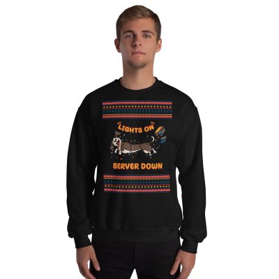 Party animal alert! Dude rocks a black sweatshirt starring a tangled dachshund and “Lights On, Server Down”—geeky merry chaos!.