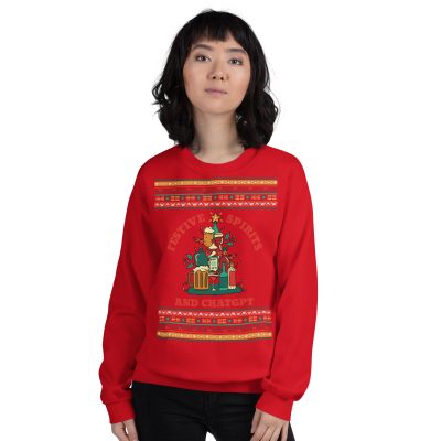 A model with medium dark hair rocks a blazing red crew neck blaring “FESTIVE SPIRITS AND CHATGPT”—the ultimate party power move!.