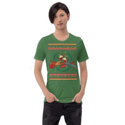 Someone rocks a green tee with a festive cat in chaos—Christmas lights, gifts, and pure party mayhem. The holiday MVP!.