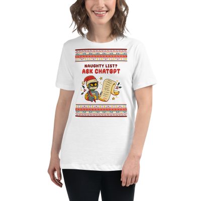 Grinning partier rocks a tee with a sassy robot, epic naughty list, “Naughty List? Ask ChatGPT,” and wild festive borders.
